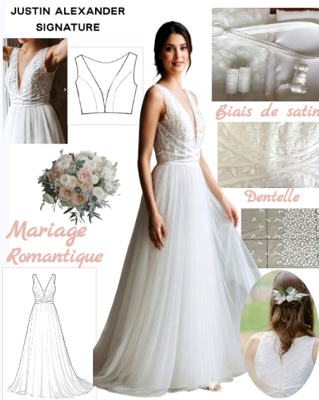 Moodboard création d'une robe de mariée, inspirée par Justin Alexander, styliste américain spécialisé dans les robes de mariée